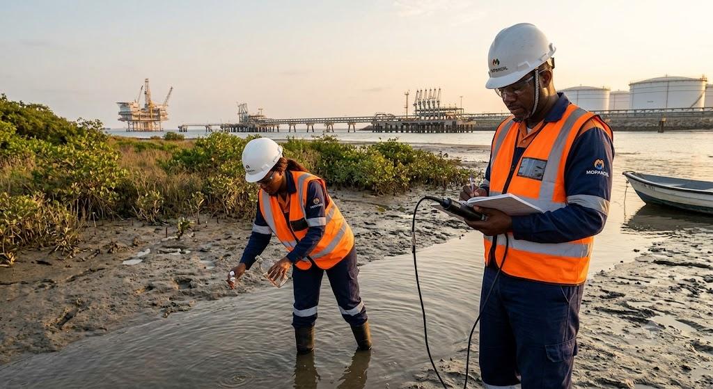 Técnicos da MOPANOIL a recolher amostras para estudo de impacte ambiental junto ao mar