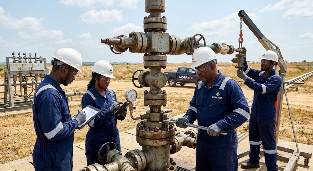 Equipa da MOPANOIL a operar equipamento num poço de petróleo